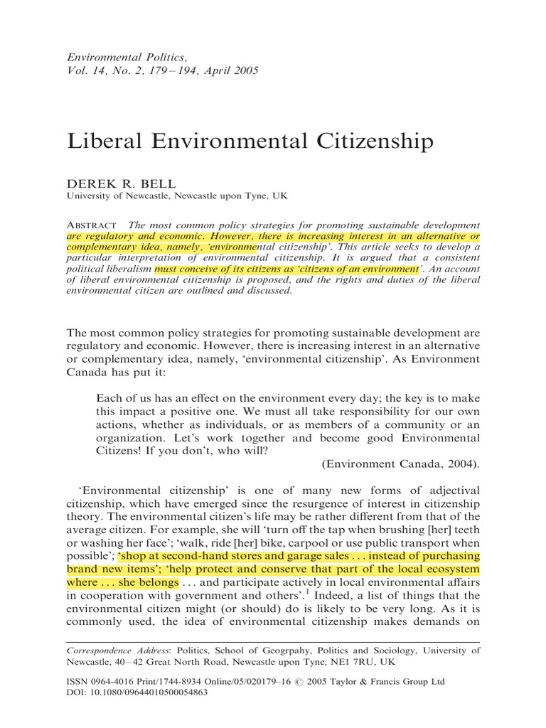 Understanding Liberal Environmental Citizenship | PDF | Citizenship ...