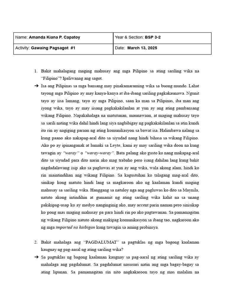 Gawaing Pagsagot #1 - CAPATOY | PDF