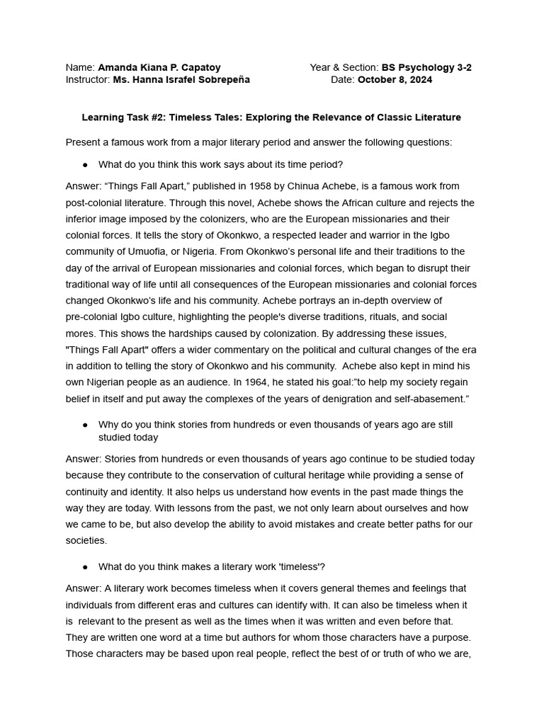 Learning Task #2 - World Literature - Capatoy | PDF