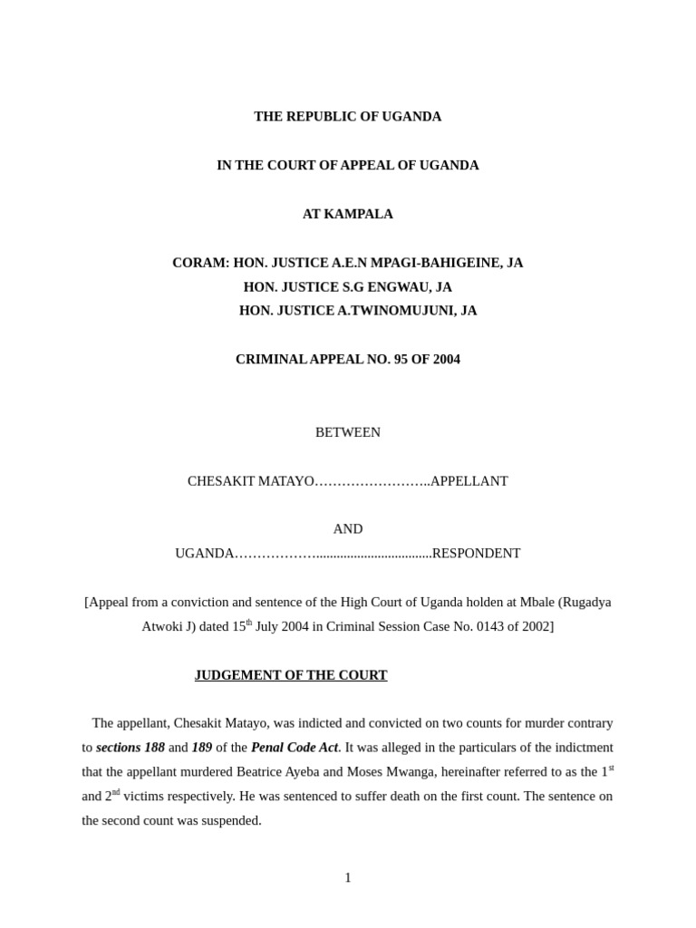 Uganda Court Appeal: Murder Case Review | PDF | Witness | Burden Of ...