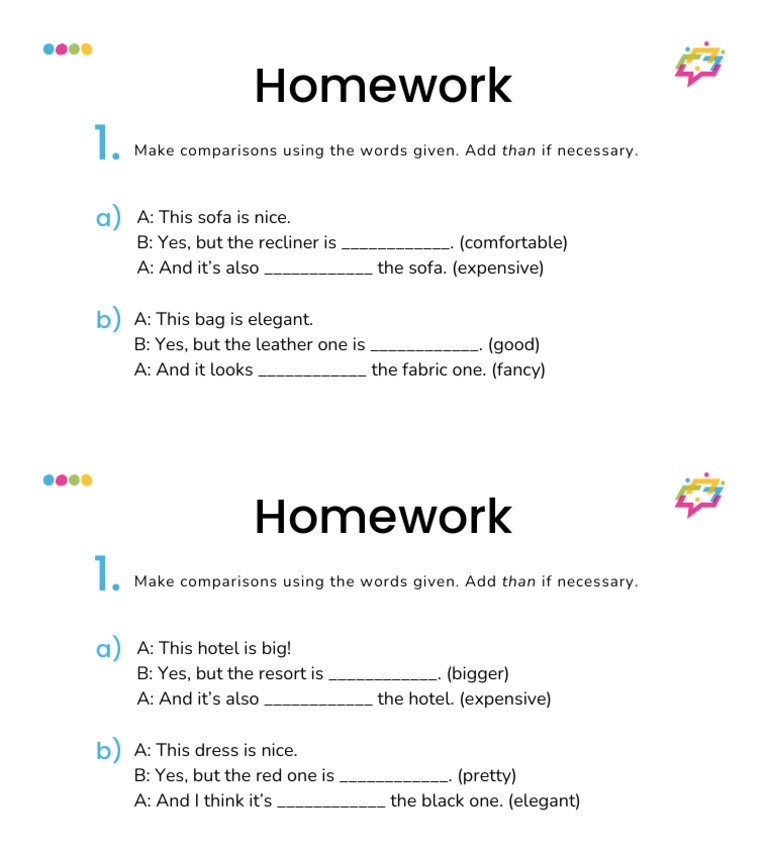 Comparative Adjectives Homework Exercise | PDF