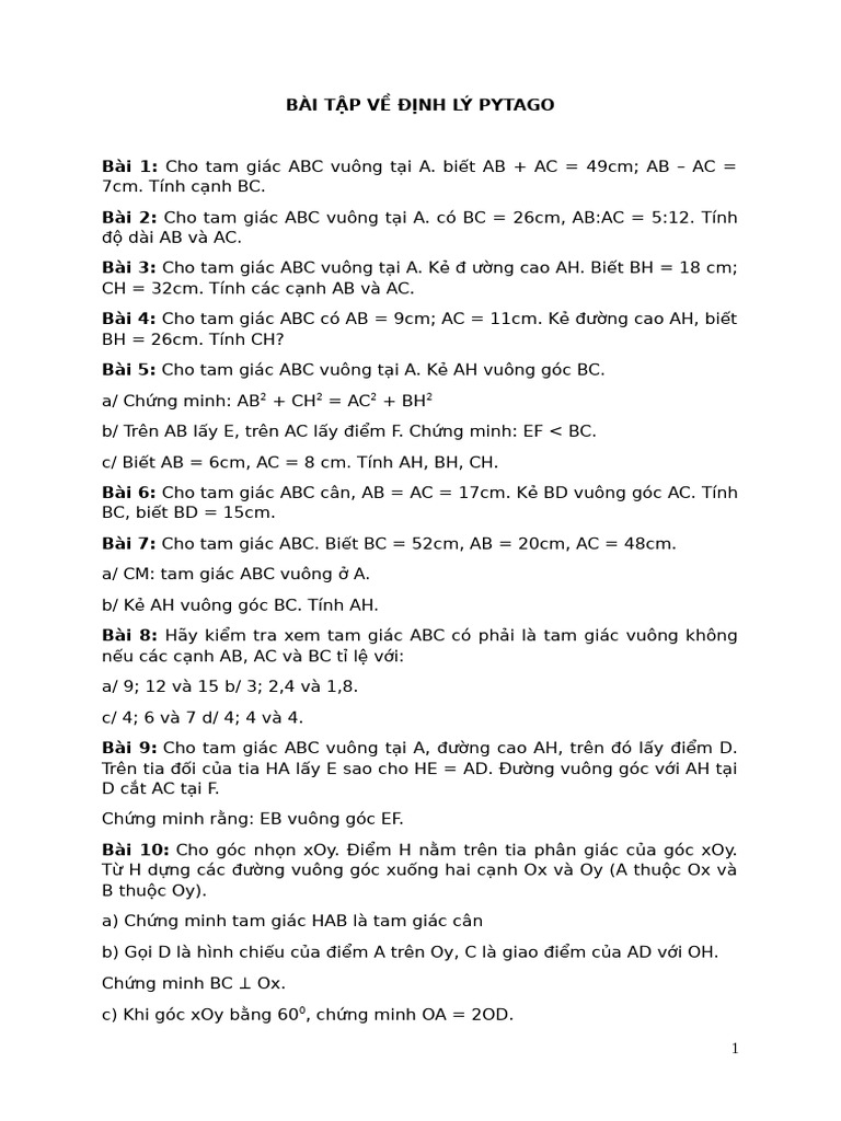 BÀI TẬP VỀ ĐỊNH LÝ PYTAGO | PDF