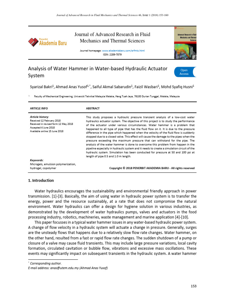 Water Hammer Analysis in Hydraulic Systems | PDF | Actuator | Fluid ...
