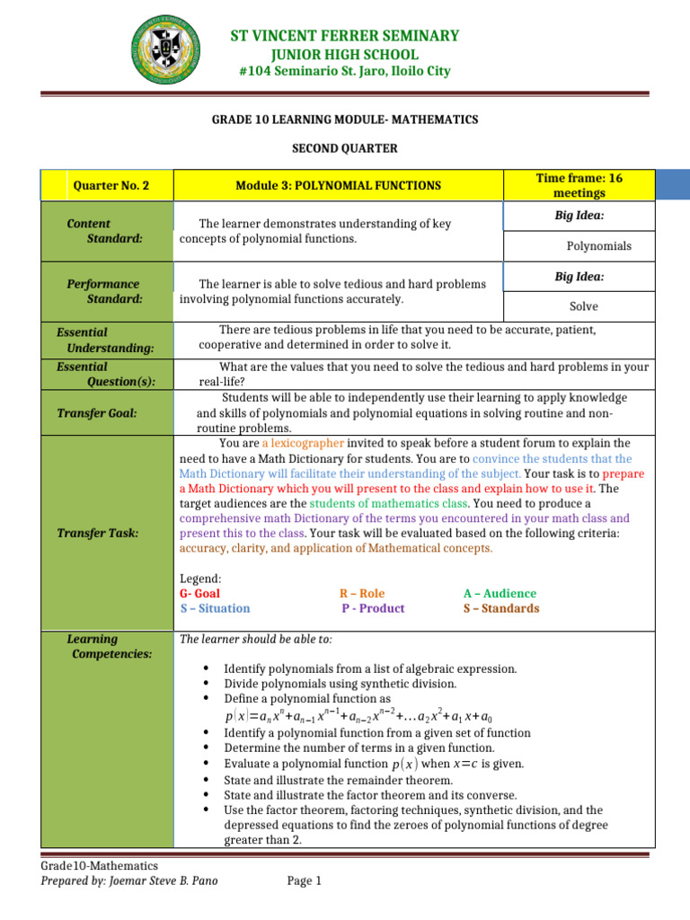 Grade 10 Math Module: Polynomial Functions | PDF | Zero Of A Function ...