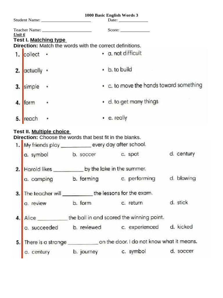 1000 Basic English Words 3 (6-7) | PDF