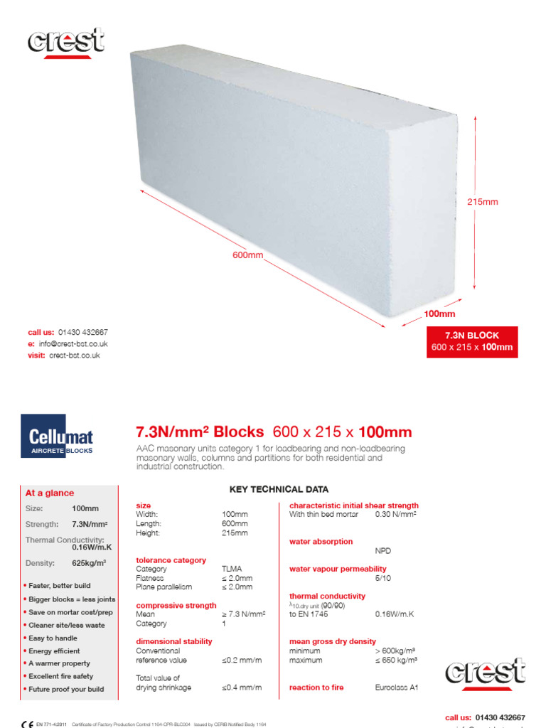 Crest Aircrete Block 7.3N 100mm Info card (215x600) e | PDF | Building ...
