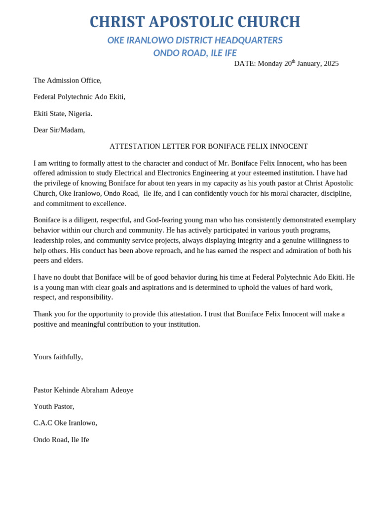 Attestation Letter for Boniface Felix | PDF