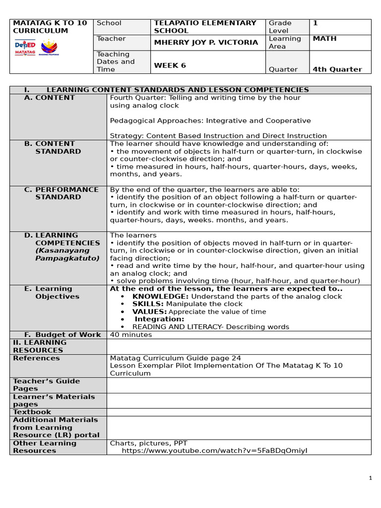 Grade 1 Math: Telling Time Lesson Plan | PDF | Learning | Cognitive Science