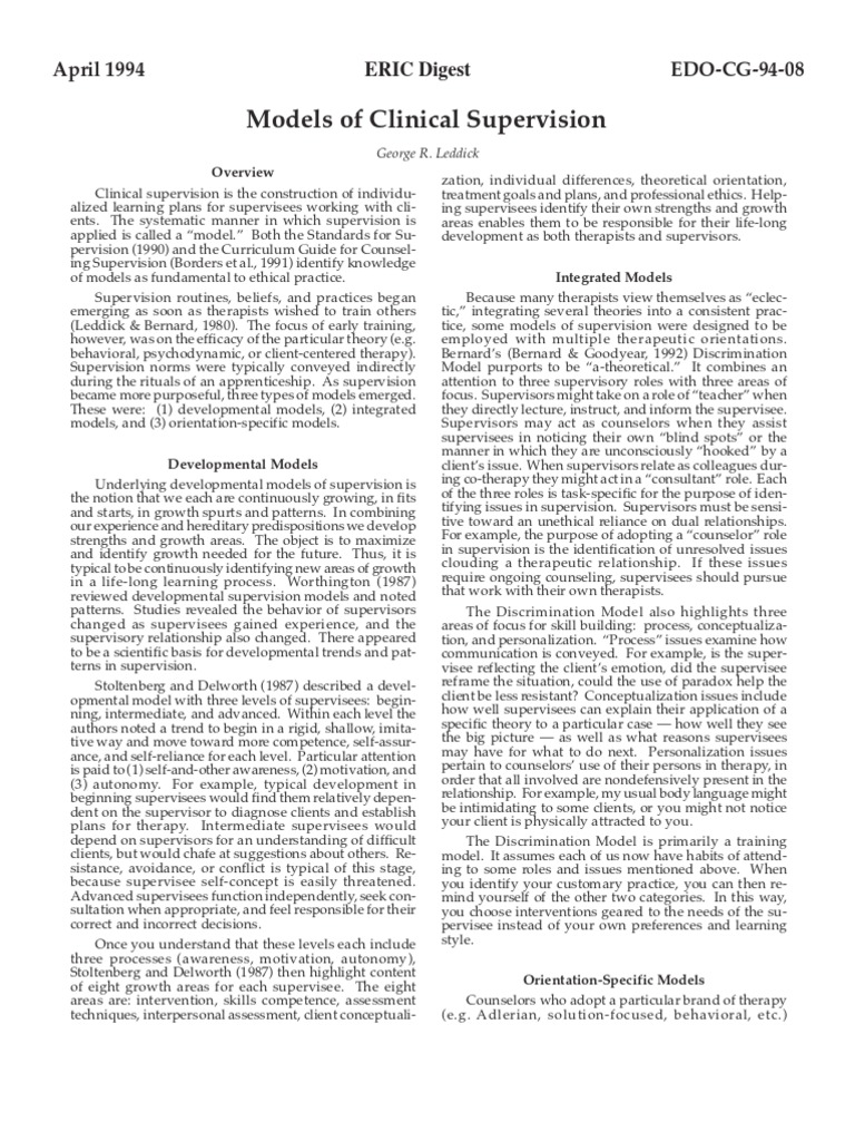 Clinical Supervision Models Overview | PDF | Psychotherapy ...