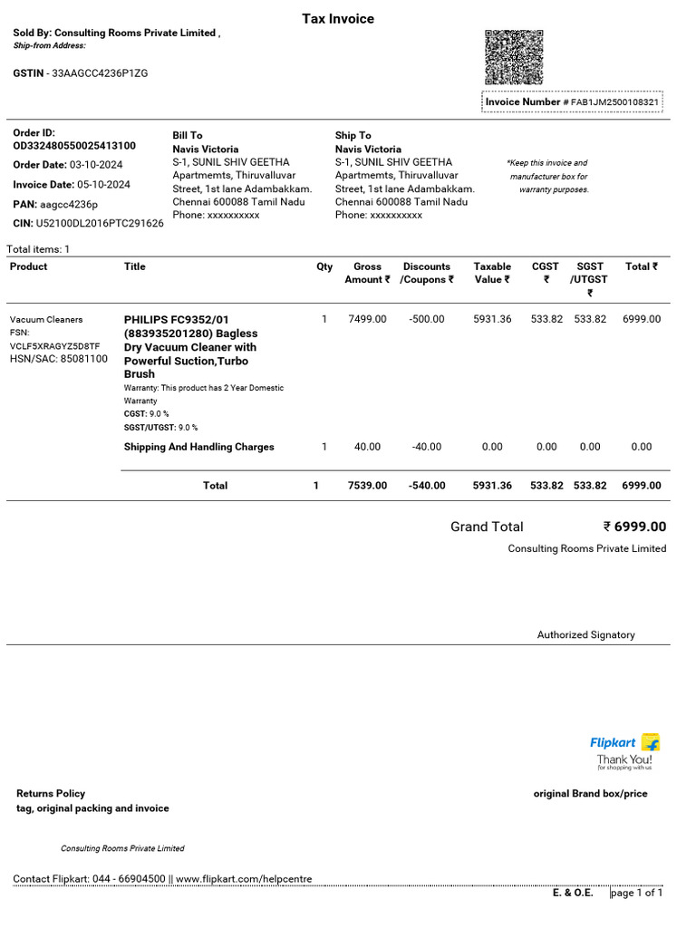 Invoice for Philips Vacuum Cleaner Purchase | PDF | Taxes | Government ...