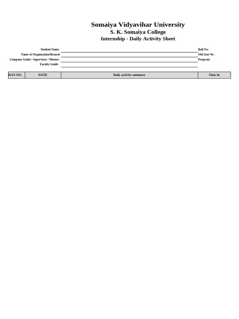 Somaiya University Internship Activity Log | PDF