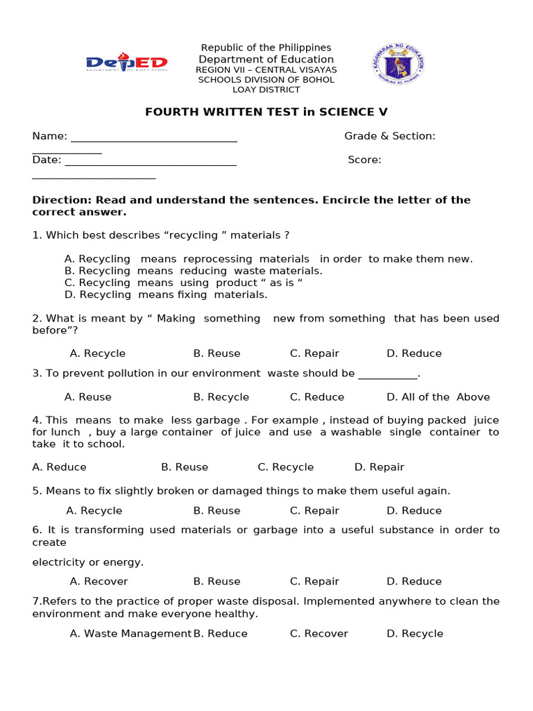 Fourth Written Test in Science V | PDF | Recycling | Waste