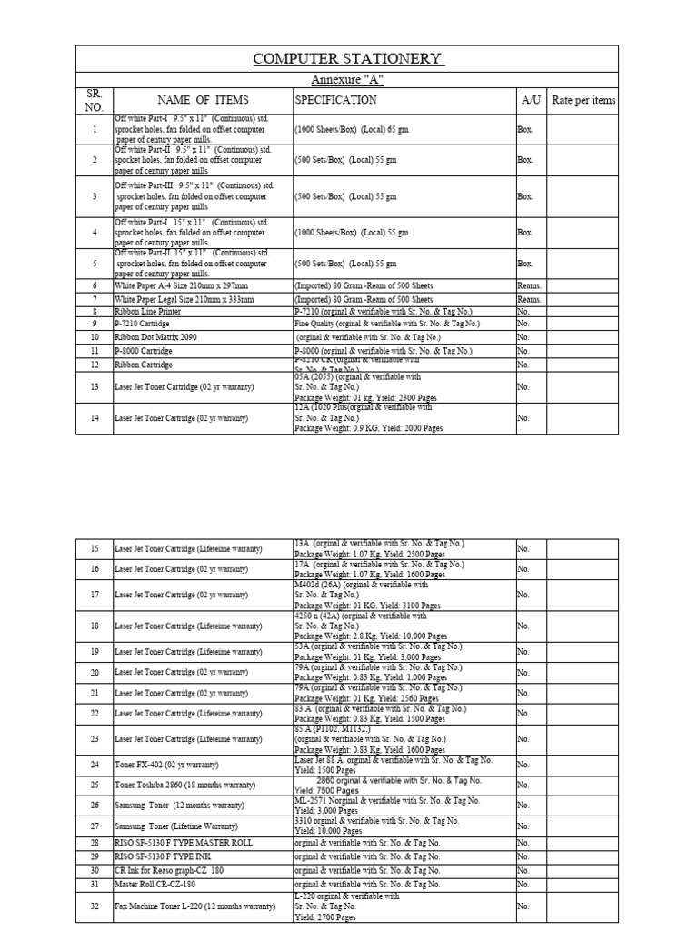 List of Items Tender 01 2019 | PDF | Usb Flash Drive | Office Equipment