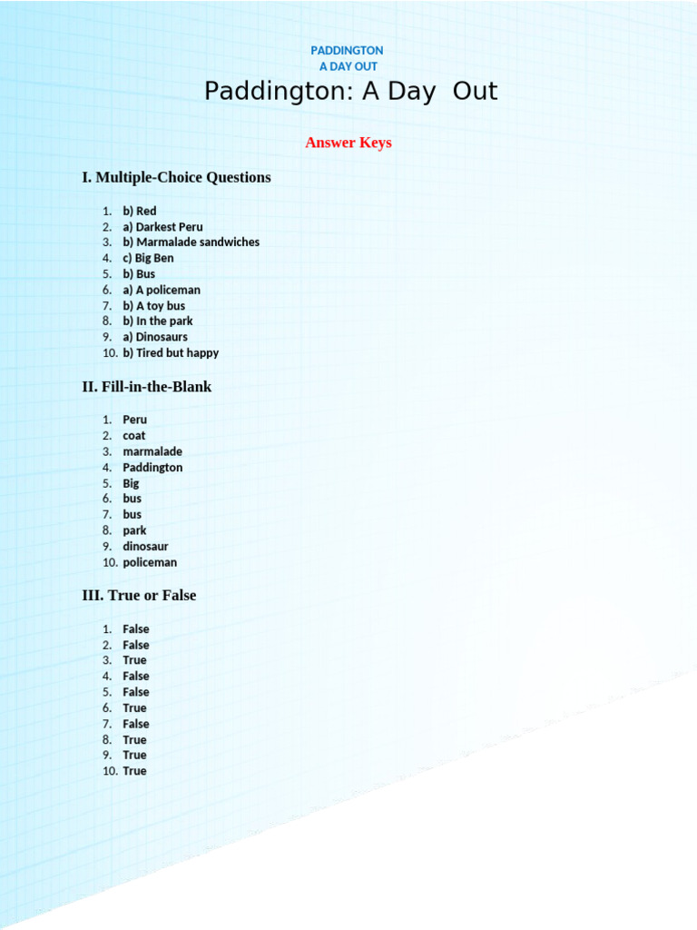 Paddington - A Day Out Answer Key | PDF | Paddington Bear