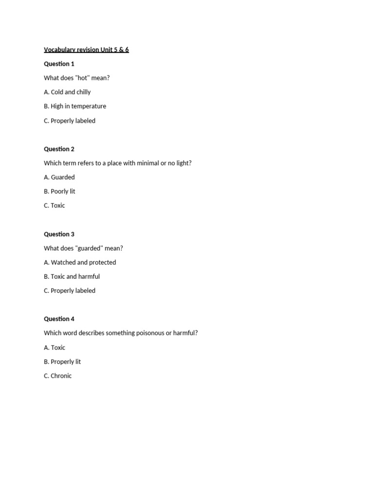 Vocabulary Revision: Units 5 & 6 Quiz | PDF | Safety