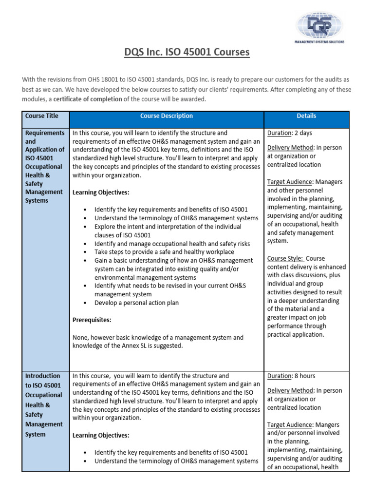 ISO 45001 Course Descriptions | PDF | Occupational Safety And Health ...