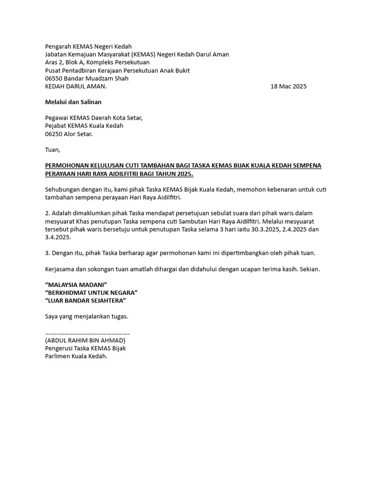 Surat Cuti RAYA | PDF