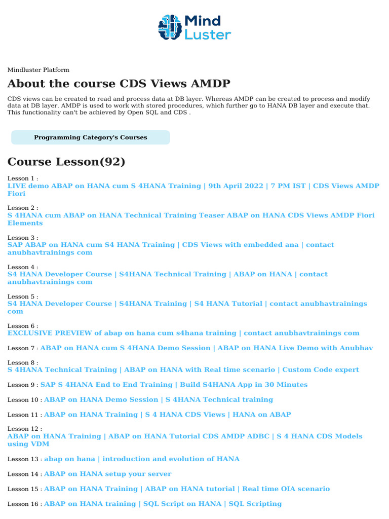 CDS Views and AMDP Training Course | PDF | Computer Science | Sap Se