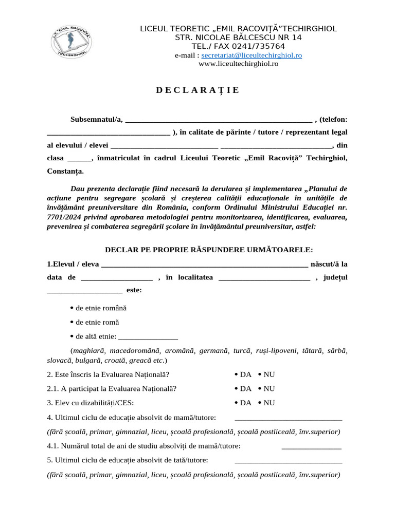 Declaratie Parinte | PDF