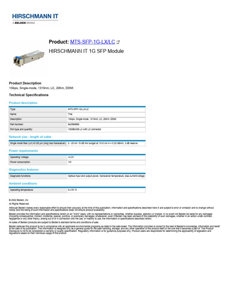 MTS SFP 1G LXLC - Techdata | PDF | Information | Specification ...