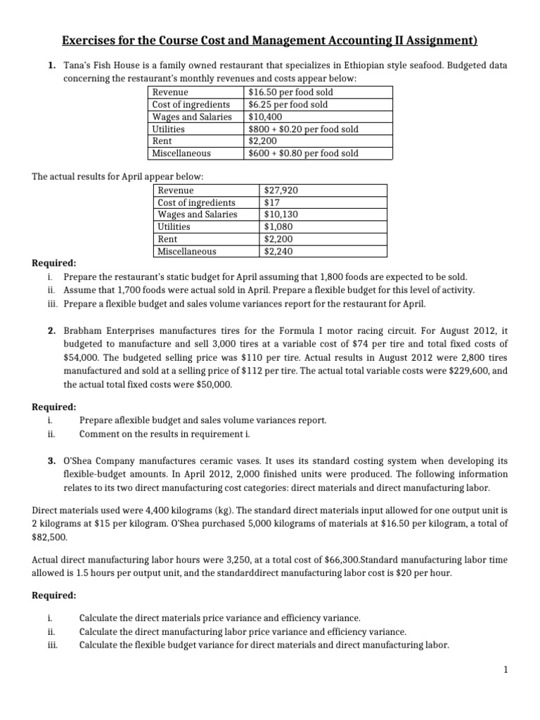 Exercises For The Course Cost and Management Accounting II | PDF ...