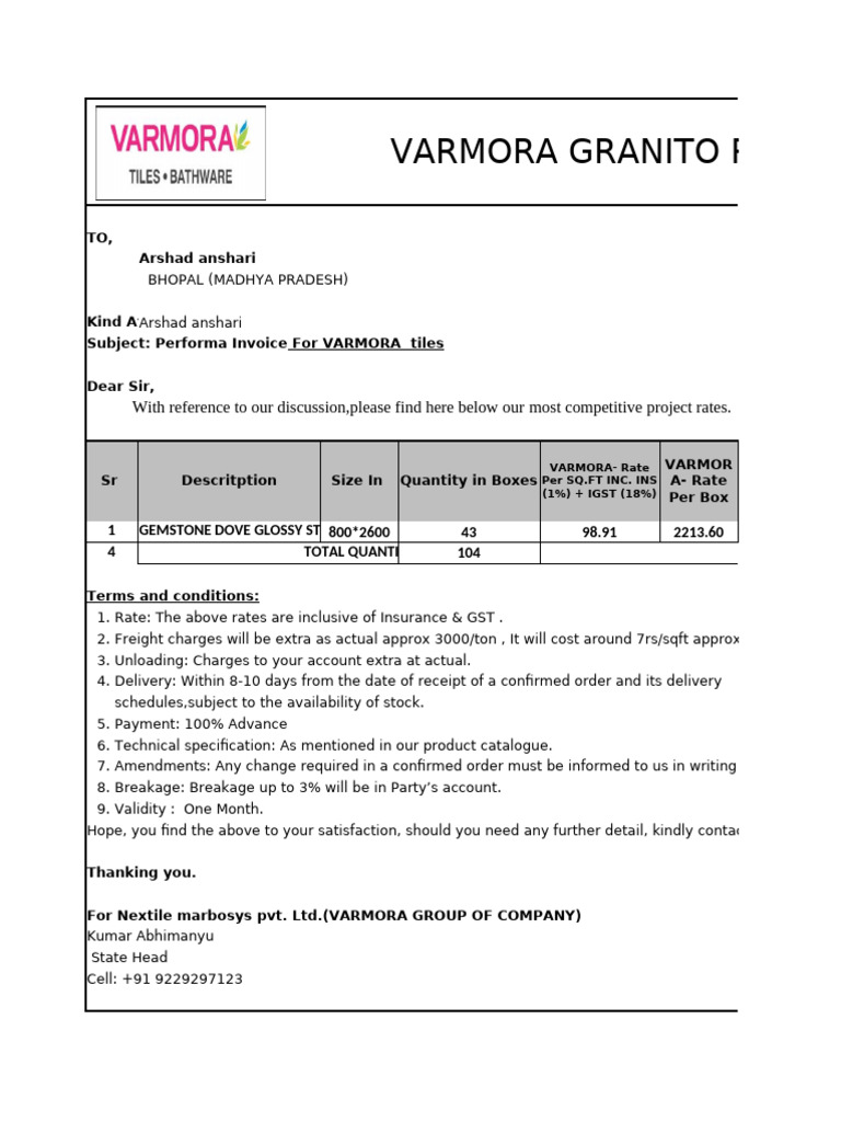 Varmora Granito Pvt Ltd Invoice Details | PDF