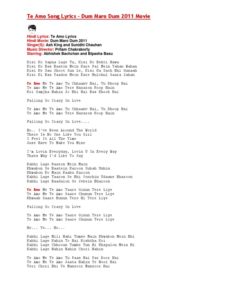 Te Amo Song Lyrics Bollywood Cinema Of India