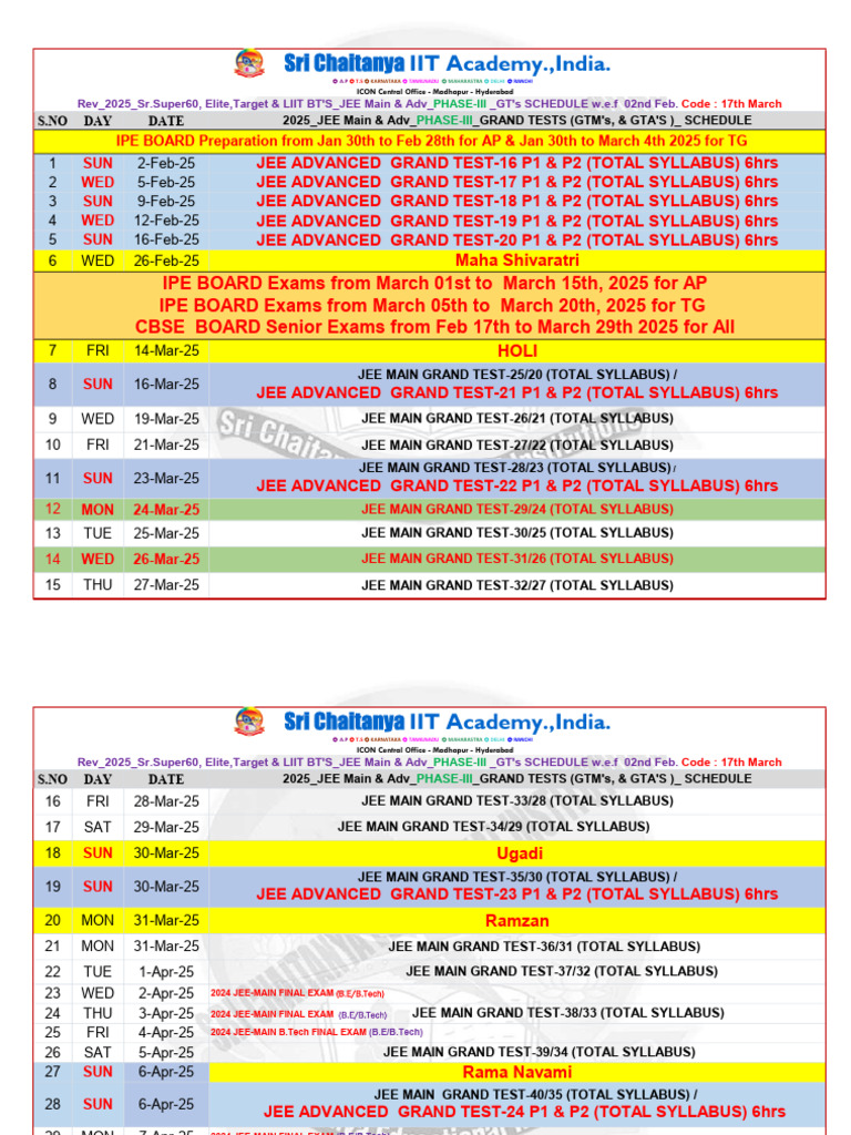 Sri Chaitanya JEE Test Series Schedule | PDF | Recruitment | Tests