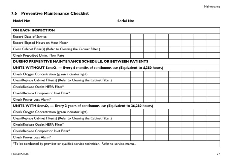 Sample Invacare Preventive Maintenance Checklist | PDF