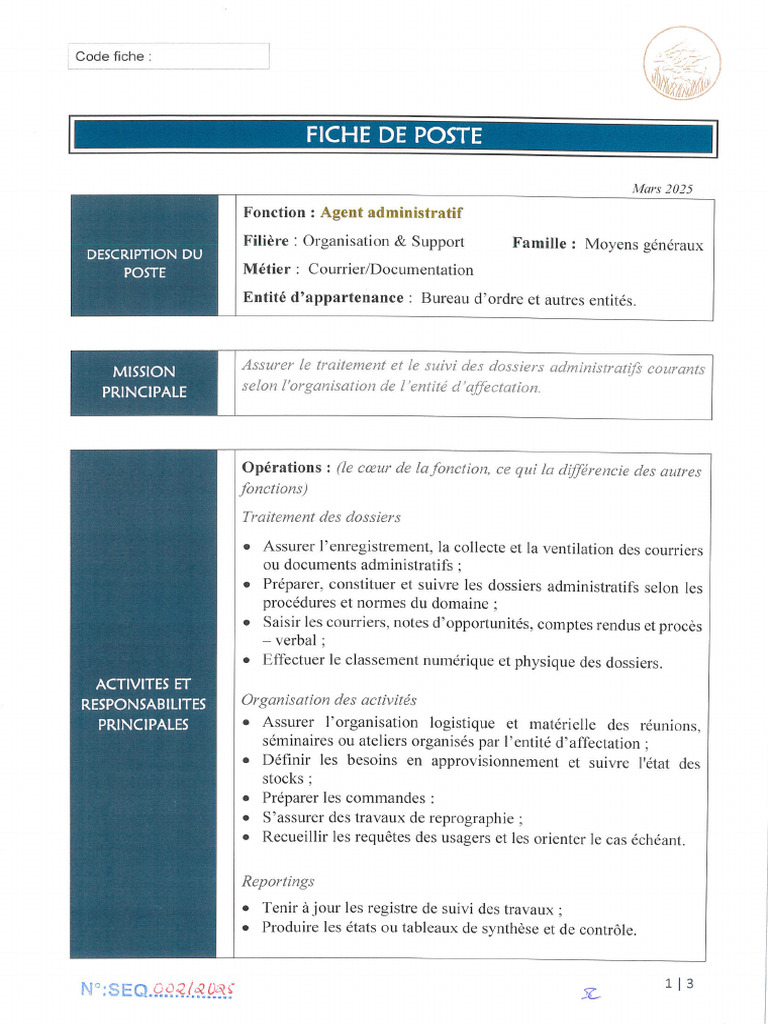 15- Fiche de Poste Agent Administratif | PDF