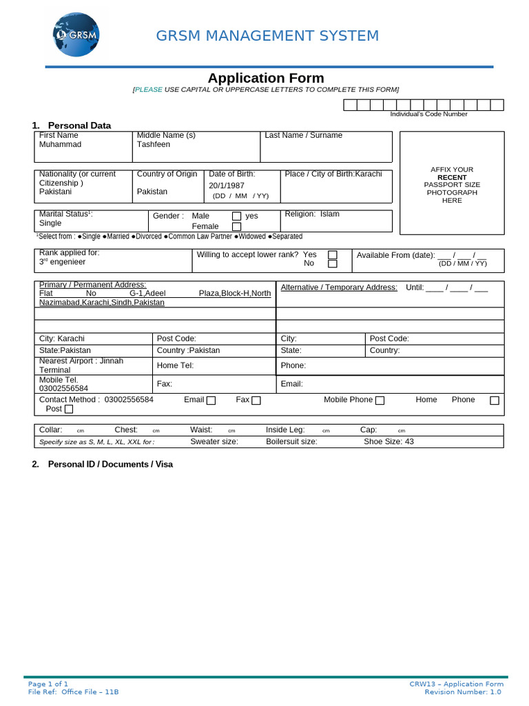 BGV C17 Application for 3rd Engineer | PDF | Oil Tanker | Passport