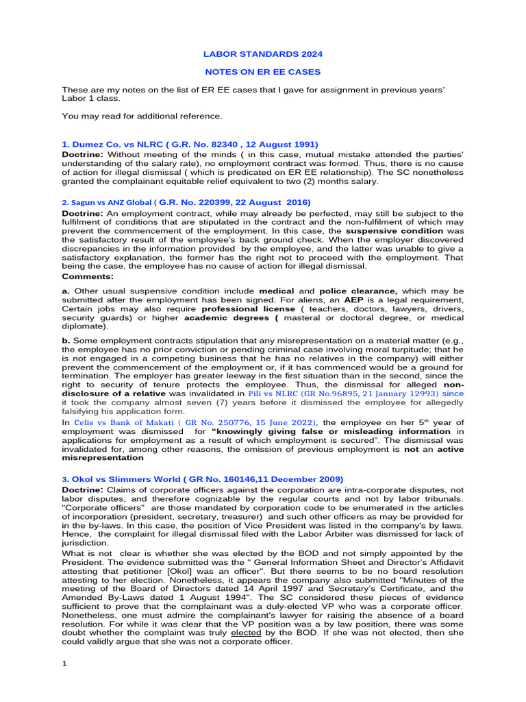 LAB STAN Notes On ER EE Cases 2024-2 | PDF | Employment | Volunteering
