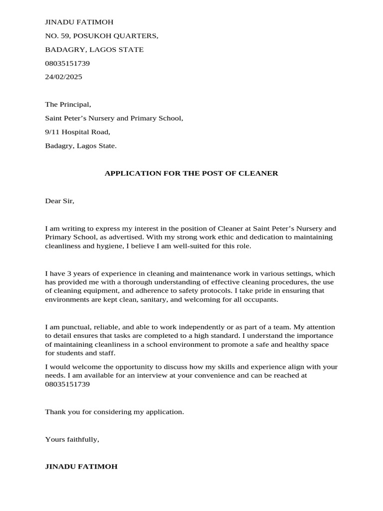 Application for Cleaner Position at School | PDF