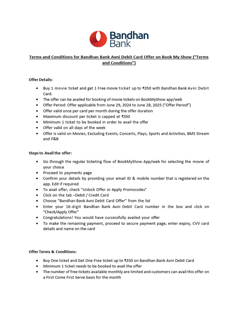 Terms and Conditions For Bandhan Bank Avni Debit Card Offer On ...