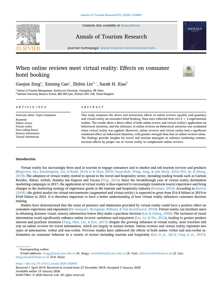 Online Reviews and Virtual Reality in Hotel Booking | PDF | Virtual ...
