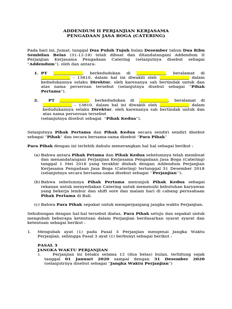 Addendum II Perjanjian Kerjasama Catering | PDF
