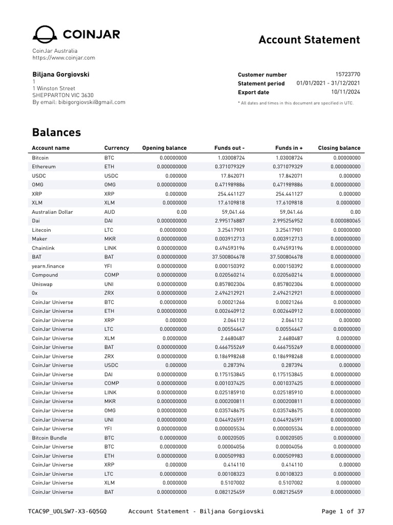 CoinJar Account Statement 2021 | PDF | Bitcoin | Australian Dollar