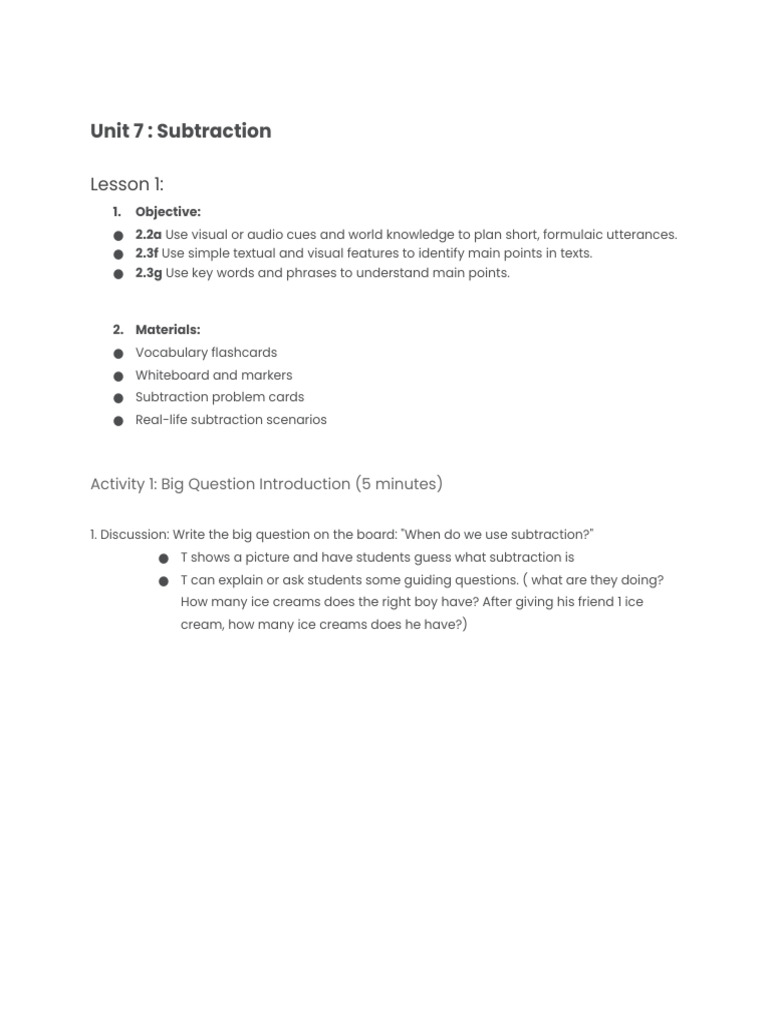 Subtraction Lesson Plan Activities | PDF | Reading Comprehension ...