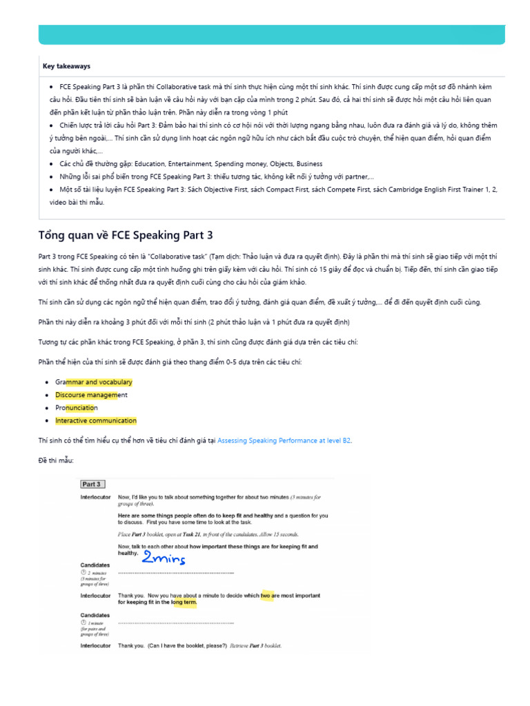 FCE Speaking Part 3 sample chiến thuật trả lời đạt trọn điểm | PDF