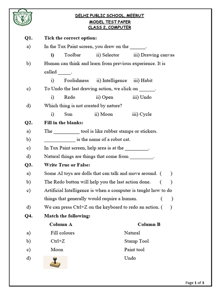 Class 2 Computer Test Paper: Tux Paint | PDF
