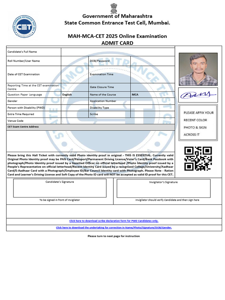MAH-MCA-CET 2025 Admit Card Instructions | PDF | Identity Document ...