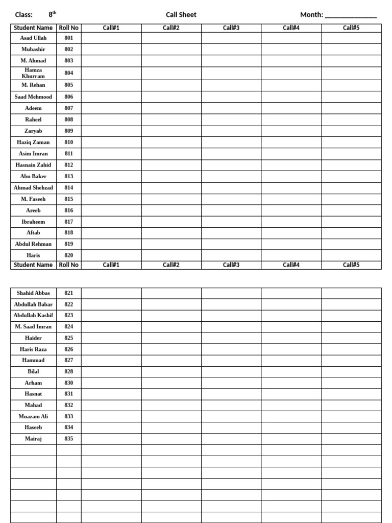 8th Grade Call Sheet Template | PDF