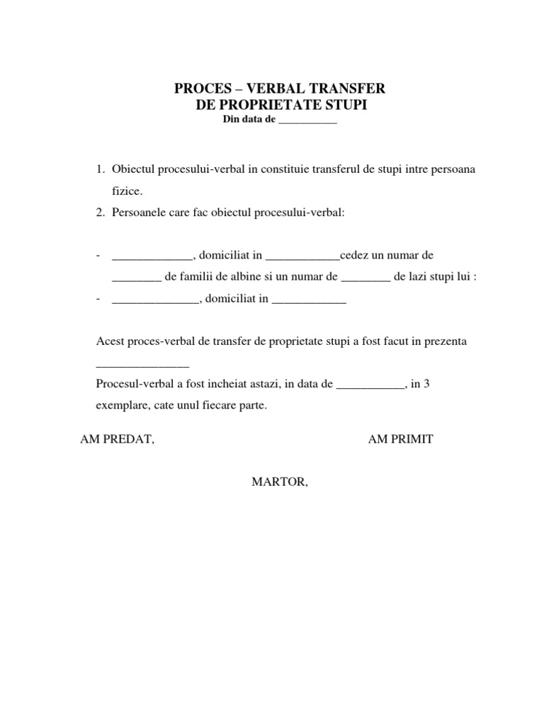 Proces Verbal Transfer Proprietate Model | PDF