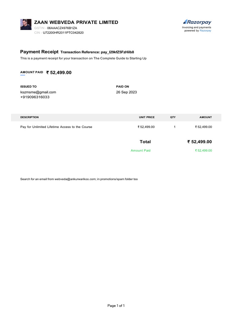 Razorpay Payment Receipt for Course | PDF