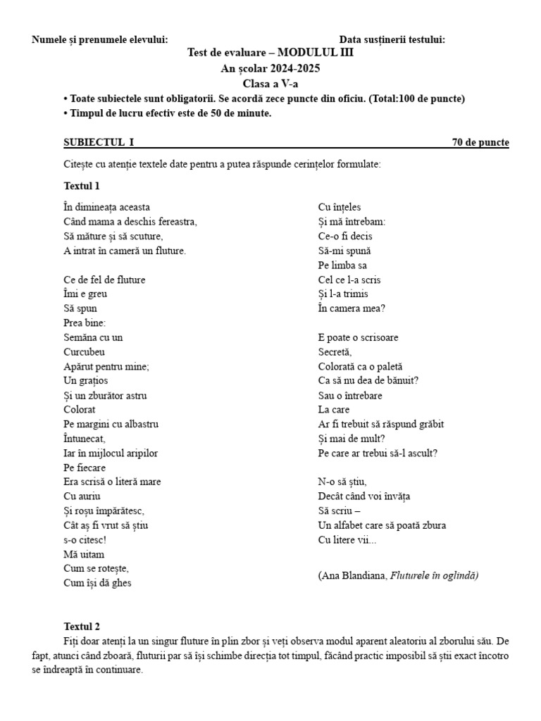 Test - Cls - 5 - Modulul III | PDF