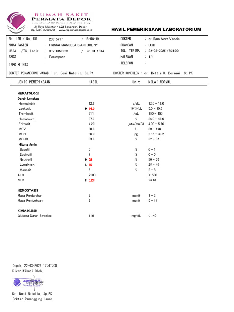 Hasil Pemeriksaan Laboratorium Pasien | PDF