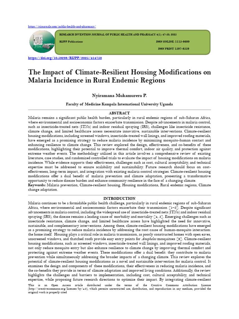 The Impact of Climate-Resilient Housing Modifications On Malaria ...