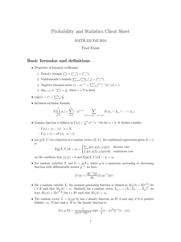 Cheat Sheet For The Final Exam | PDF | Chi Squared Distribution