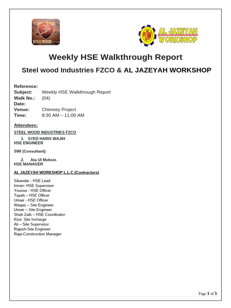 Weekly HSE Walkthrough Report Summary | PDF | Workplace | Working ...