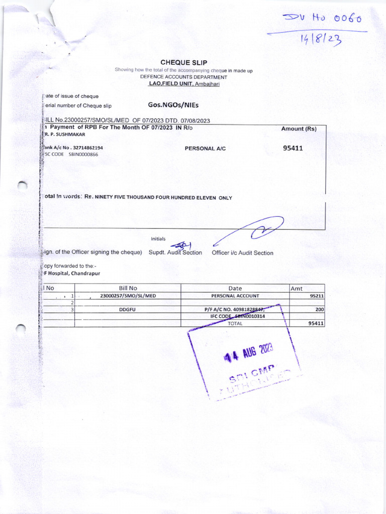 Cheque Slip for Dr. P. Sushmakar Payment | PDF | Government Finances ...